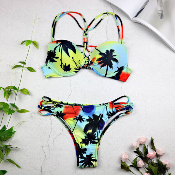 Women 2021 Sexy Swimwear Leaf Print Bikini Halter Swimsuit Bathing Suit Women Cute Bikini Set Monokini Underwire 3